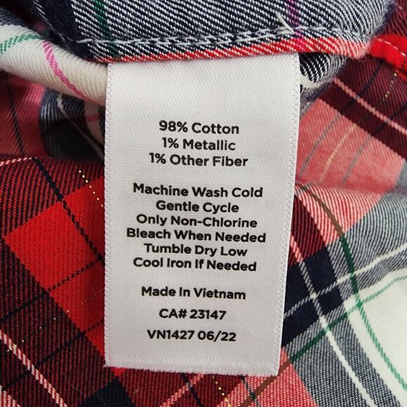 Talbots Shirt Womens Large Red Cotton Long Sleeve Button Front Plaid Metallic - Picture 8 of 8